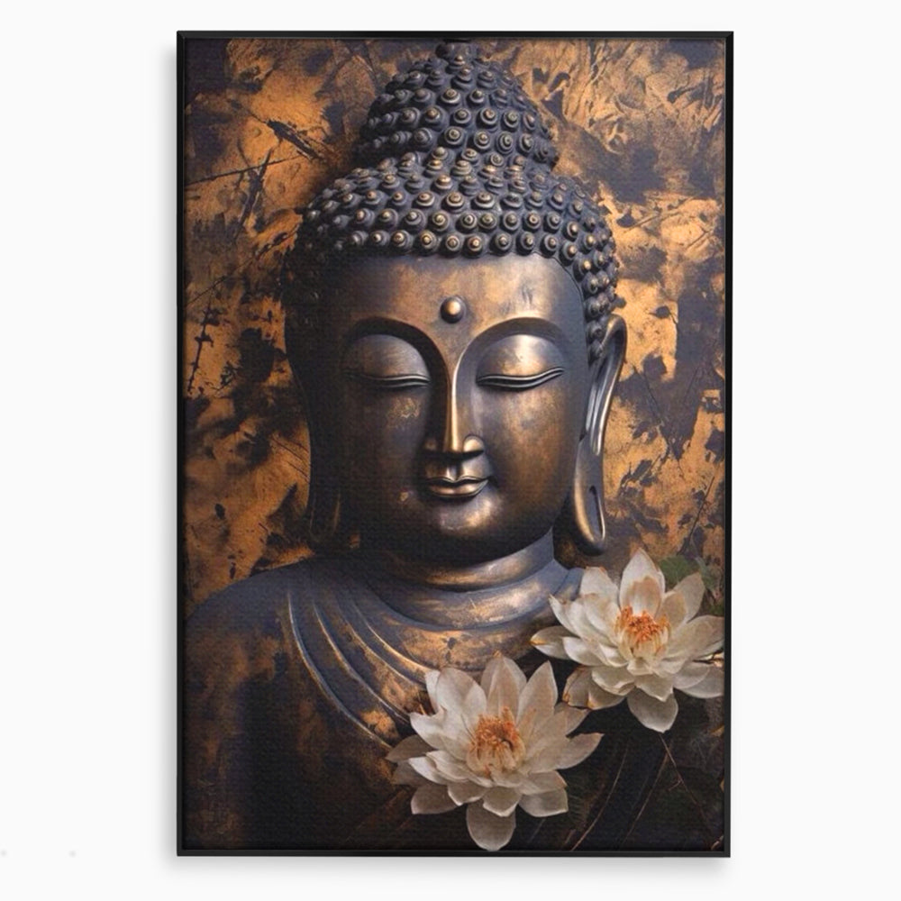 Tablou canvas cu tablou canvas cu buddha si flori de lotus, in rama de aluminiu negru